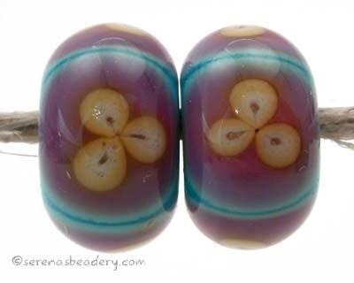 Turquoise Purple and 3 petal Yellow Flowers one pair of purple and turquoise beads with opal yellow 3 petaled flowers6x12 mm 2.5 mm hole Glossy,Matte