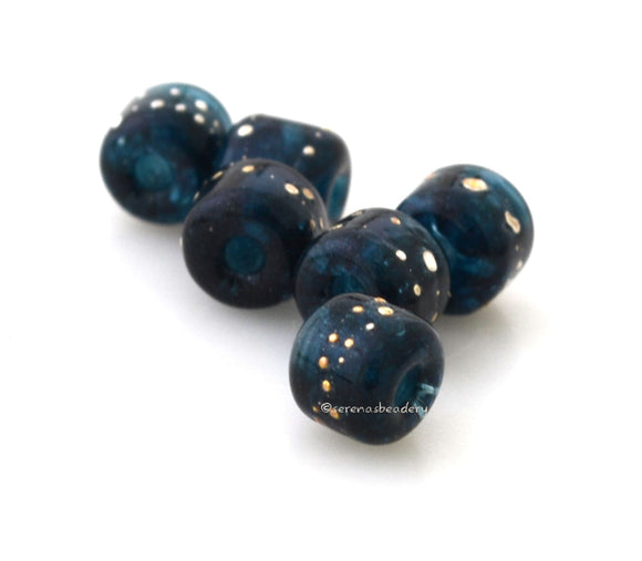 DEEP SEA Blue fine SILVER Dots Tiny Tube Lampwork Glass Beads