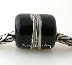 Just Black Euro Charm #2108 13x11 mm1 BeadHole Size: 5 mm~ All black glossy beach european charm with silvered ivory and fine silver. ~ This lampwork glass bead is ready to ship. Default Title