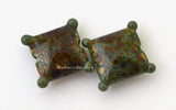 Olive Raku Corners a pair of olive green pillows covered in raku frit with raised dots in each corner 15 mm Price is per pair  Glossy,Matte