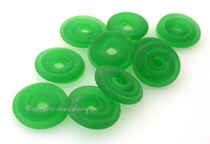 Light Emerald Matte Green Wavy Disk Spacer  10 wavy disks in light emerald green with a matte finish2 sizes available: 11-12 mm with 1.5 mm hole or 13-14 mm with 2.5 mm holeprice is per 10 disks 11-12 mm 1.5 mm hole,12-13 mm 2.5 mm hole