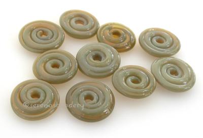 Lichen Wavy Disk Spacer 10 wavy disks in lichen, an odd lot of glass2 sizes available: 11-12 mm with 1.5 mm hole or 13-14 mm with 2.5 mm holeprice is per 10 disks 11-12 mm 1.5 mm hole,12-13 mm 2.5 mm hole