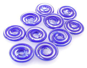 Cobalt Ribbon Wavy Disk Spacer 10 wavy disks in cobalt blue ribbon2 sizes available: 11-12 mm with 1.5 mm hole or 13-14 mm with 2.5 mm holeprice is per 10 disks 11-12 mm 1.5 mm hole,12-13 mm 2.5 mm hole