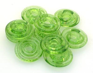 Seaweed Aventurine Wavy Disk Spacer 10 wavy disks in seaweed aventurine2 sizes available: 11-12 mm with 1.5 mm hole or 13-14 mm with 2.5 mm holeprice is per 10 disks 11-12 mm 1.5 mm hole,12-13 mm 2.5 mm hole