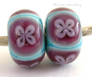 Turquoise Pink and 4 Petal Violet Flowers one pair of turquoise beads with pink and violet 4 petal flowers 6x12 mm 2.5 mm hole Glossy,Matte