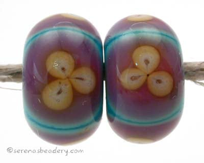 Turquoise Purple and 3 petal Yellow Flowers one pair of purple and turquoise beads with opal yellow 3 petaled flowers 6x12 mm 2.5 mm hole Glossy,Matte