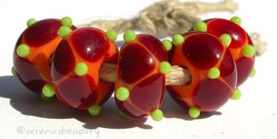 Sunny Day Dots beads with a coral base with dark red offset dots and lime green mini dots. 6x12 mm price is per bead Glossy,12mm,Glossy,13mm,Glossy,14mm,Glossy,15mm,Glossy,16mm,Glossy,17mm,Matte,12mm,Matte,13mm,Matte,14mm,Matte,15mm,Matte,16mm,Matte,17mm