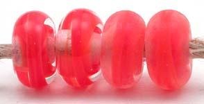 Coral Ribbon Color Notes: coral ribbon cased in clear 5x10 mm Donut- This is my basic spacer size. It is made on a 3/32 mandrel with a 2.5 mm hole. Other available sizes and shapes: 4x8 mm Round- A miniature sized spacer with a 1.5 mm hole. Lentil- 12x13 mm in size with a 1.5mm hole. Pillow- 14 mm square with a 1.5 mm hole. Disk- 3x13 mm with a 2.5 mm hole. Also 6x12 mm donut- A larger donut with a 2.5 mm hole. 8x15 mm Super Sized- A humungous spacer with a 3.5 mm hole. It is perfect for stringing on leathe